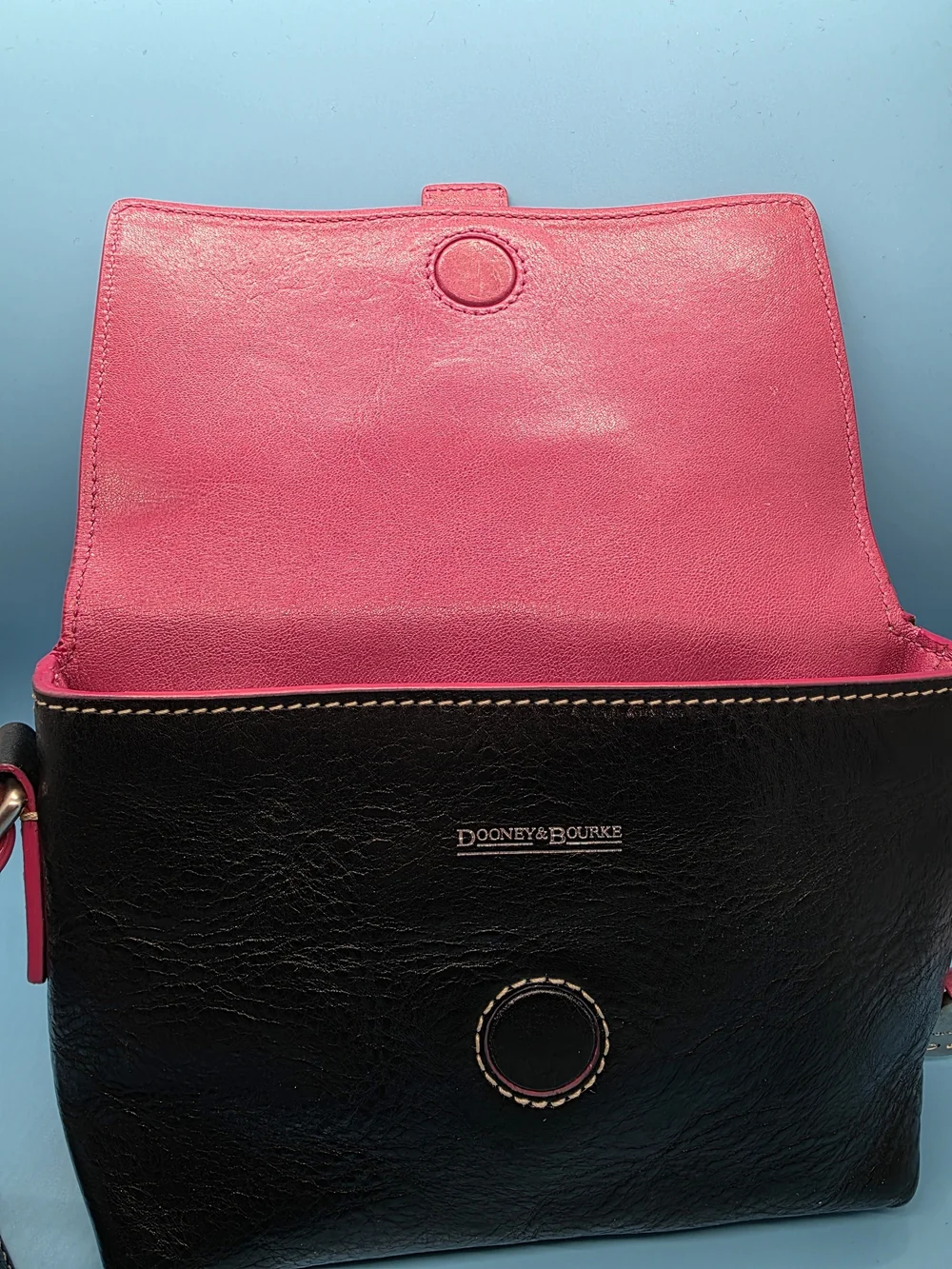 Black Leather Crossbody Bag with Pink Strap and Heart Buckle